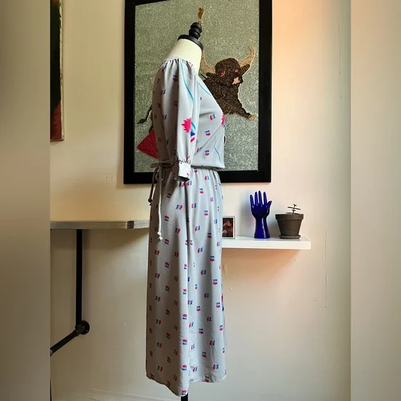 Vintage 80s Wrap Midi Dress | Gray Abstract Print | M - Picture 3 of 7